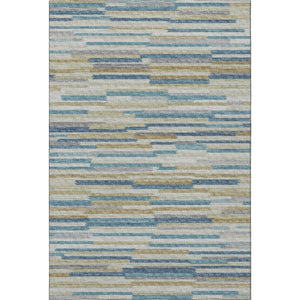 HomeRoots 5' Modern Blue Ivory Gold Abstract Area Rug - Washable, UV Protected & Stain Resistant for Durability 644918