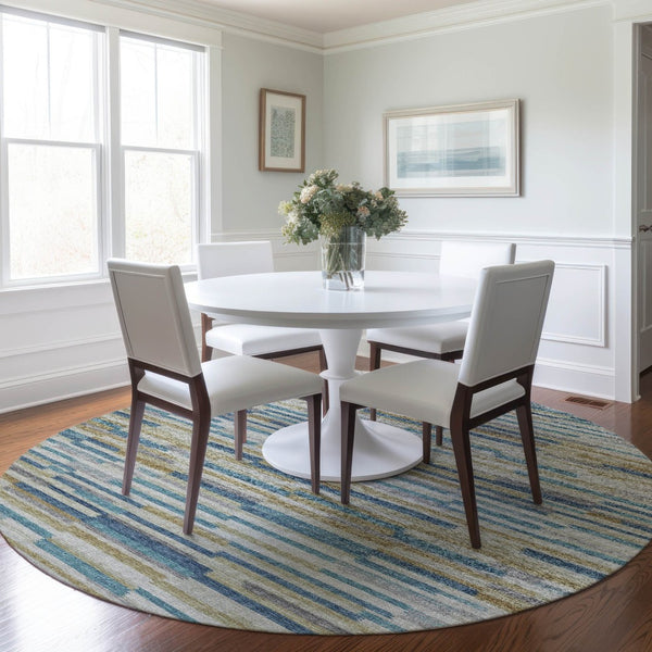 HomeRoots 8' Blue Ivory and Gold Abstract Washable Round Rug – UV Protected, Stain-Resistant, Soft, Durable Design 644919