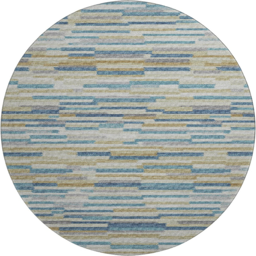 HomeRoots 8' Blue Ivory and Gold Abstract Washable Round Rug – UV Protected, Stain-Resistant, Soft, Durable Design 644919