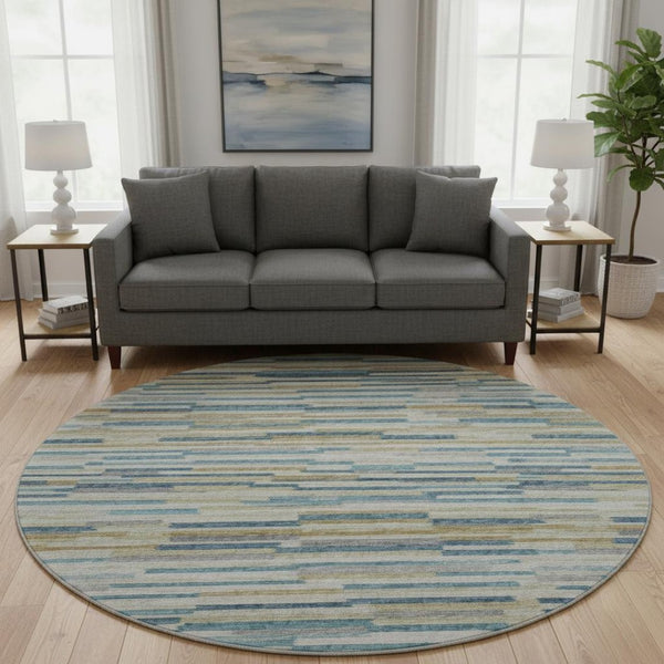 HomeRoots 8' Blue Ivory and Gold Abstract Washable Round Rug – UV Protected, Stain-Resistant, Soft, Durable Design 644919