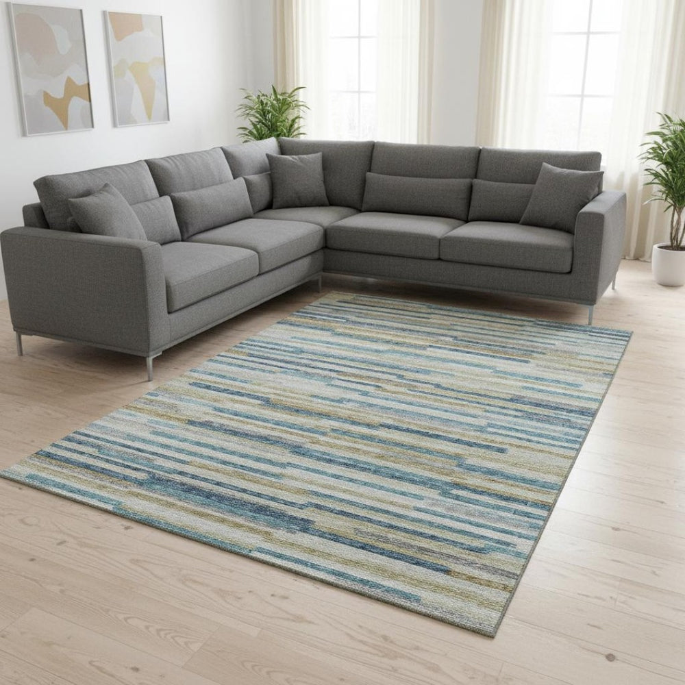 HomeRoots 8' X 10' Blue Ivory Gold Abstract Area Rug - Washable, UV Protected, Stain Resistant, Durable Design 644920