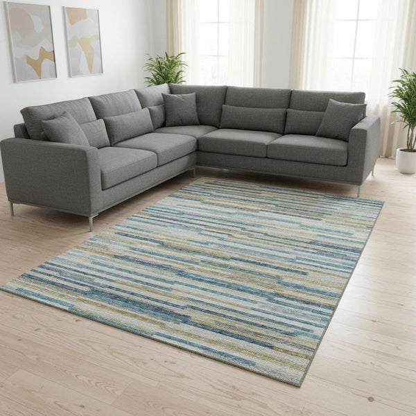 HomeRoots 8' X 10' Blue Ivory Gold Abstract Area Rug - Washable, UV Protected, Stain Resistant, Durable Design 644920