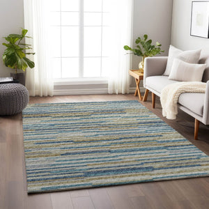 HomeRoots 9' X 12' Elegant Blue Ivory Gold Abstract Washable Area Rug with UV Protection for Modern Spaces 644921