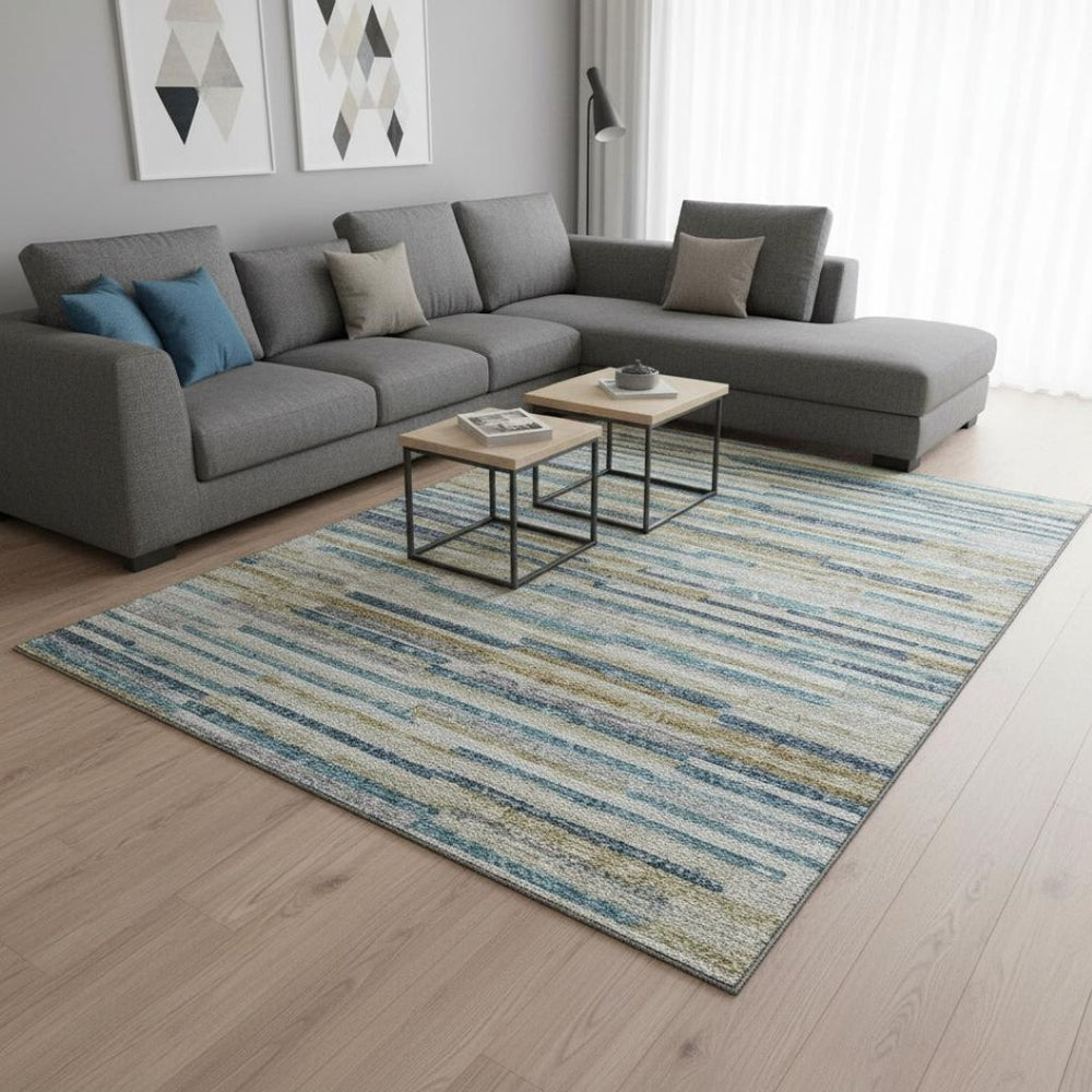 HomeRoots 9' X 12' Elegant Blue Ivory Gold Abstract Washable Area Rug with UV Protection for Modern Spaces 644921