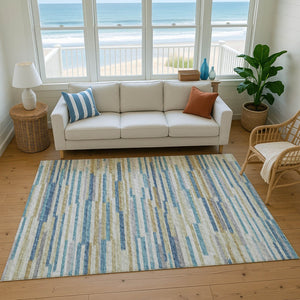 HomeRoots 10' Blue Ivory Gold Abstract Area Rug – Stylish, Washable, UV-Protected for Modern Family Spaces 644922
