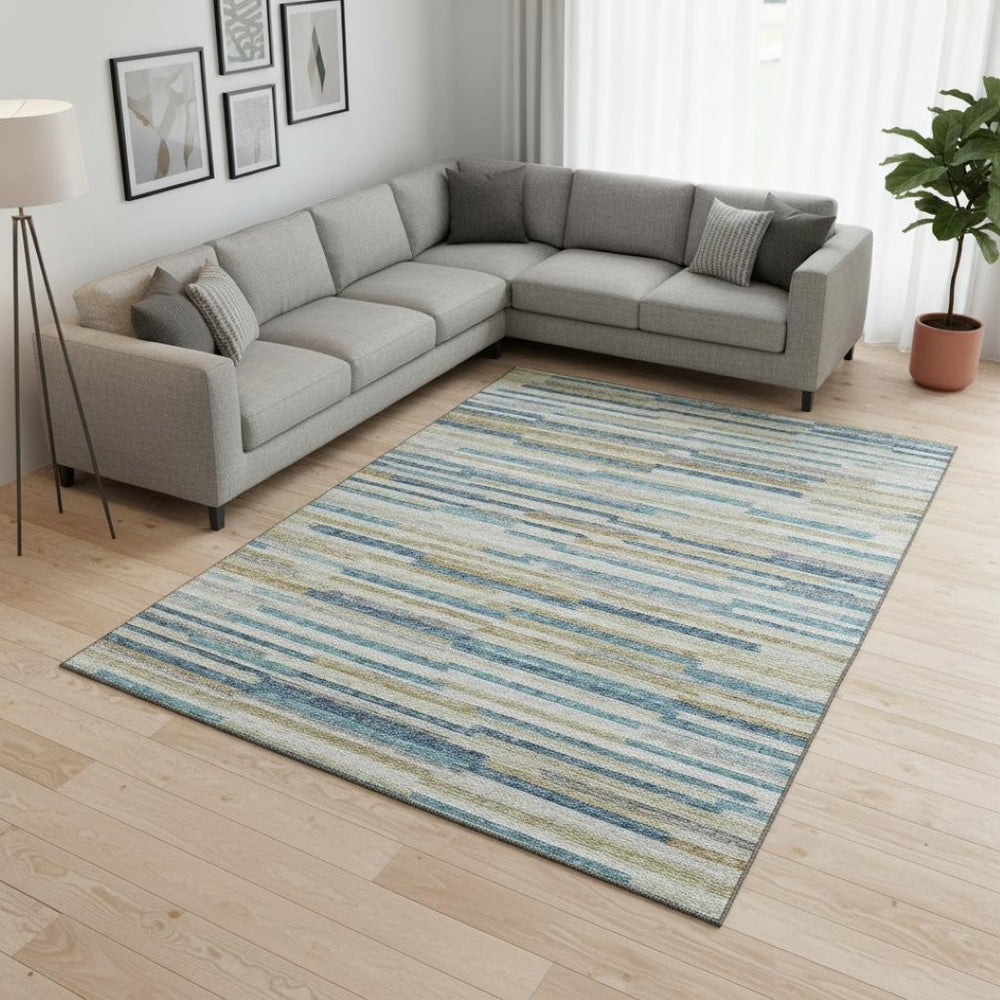 HomeRoots 10' Blue Ivory Gold Abstract Area Rug – Stylish, Washable, UV-Protected for Modern Family Spaces 644922