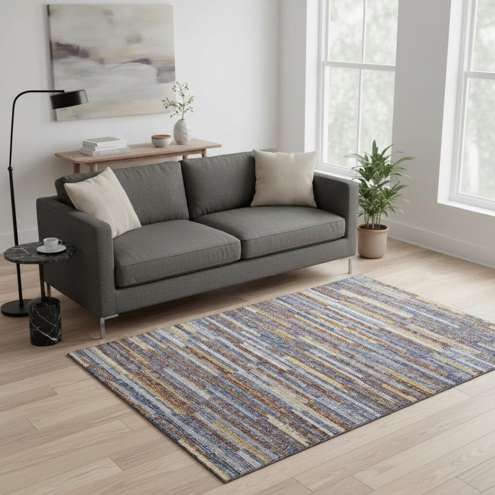 HomeRoots 5' X 8' Stylish Blue Gold Brown Abstract Area Rug – Washable, Stain-Resistant & UV Protected! 644924