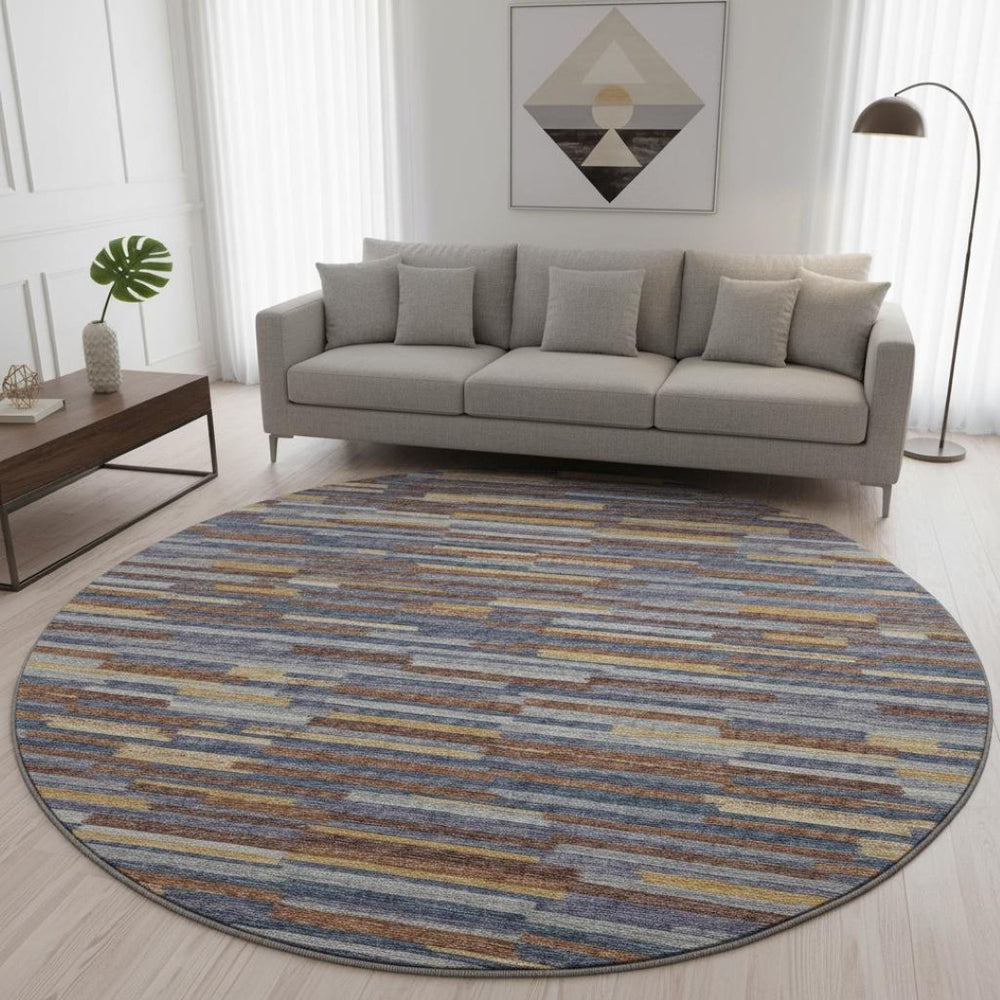HomeRoots 8' Blue Gold Brown Abstract Washable Round Rug - UV Protected, Stain Resistant, Modern Design for Your Home 644925