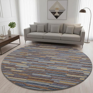 HomeRoots 8' Blue Gold Brown Abstract Washable Round Rug - UV Protected, Stain Resistant, Modern Design for Your Home 644925
