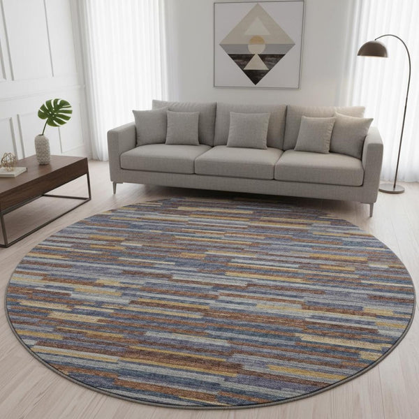 HomeRoots 8' Blue Gold Brown Abstract Washable Round Rug - UV Protected, Stain Resistant, Modern Design for Your Home 644925