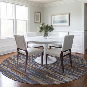 HomeRoots 8' Blue Gold Brown Abstract Washable Round Rug - UV Protected, Stain Resistant, Modern Design for Your Home 644925