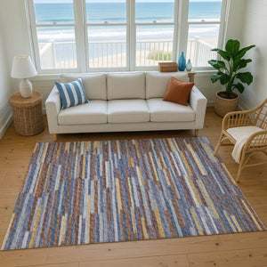 HomeRoots 8' X 10' Modern Abstract Area Rug - Blue, Gold & Brown - Washable, UV Protected, Stain Resistant! 644926