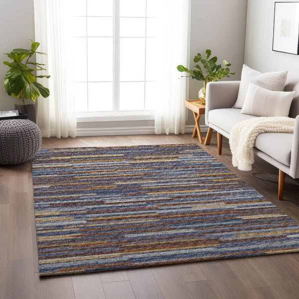 HomeRoots 8' X 10' Modern Abstract Area Rug - Blue, Gold & Brown - Washable, UV Protected, Stain Resistant! 644926