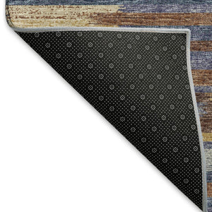 HomeRoots 8' X 10' Modern Abstract Area Rug - Blue, Gold & Brown - Washable, UV Protected, Stain Resistant! 644926