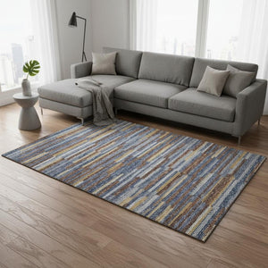 HomeRoots 8' X 10' Modern Abstract Area Rug - Blue, Gold & Brown - Washable, UV Protected, Stain Resistant! 644926