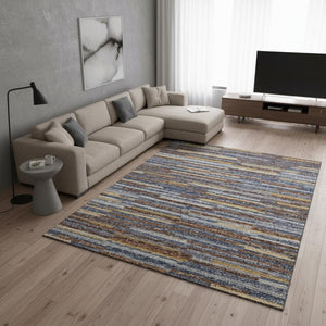 HomeRoots 9' X 12' Abstract Area Rug in Blue, Gold & Brown - Washable, UV Protected, Perfect for Family Spaces 644927