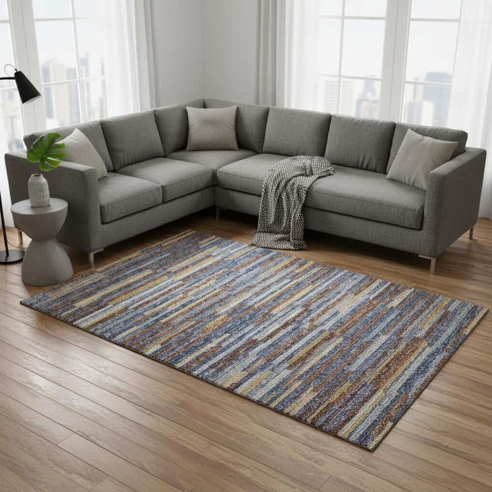 HomeRoots 10' X 14' Abstract Area Rug in Blue, Gold & Brown - Washable, UV Protected, Stain Resistant Design 644928