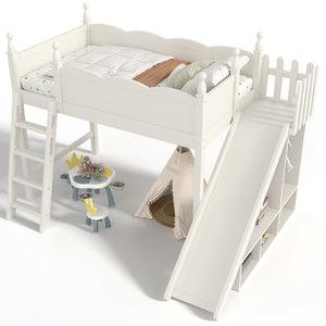 English Elm Twin Loft Bed Solid Pine Frame with Wardrobe Shelving Detachable Slide Kids Room Beige W5305S00018