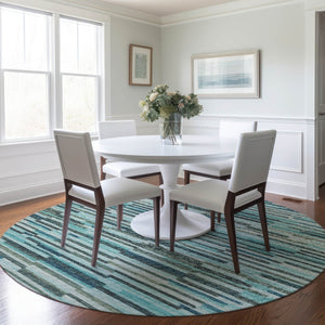 HomeRoots 8' Modern Abstract Round Rug in Turquoise and Gray - Durable, Washable, UV-Protected for Families 644931