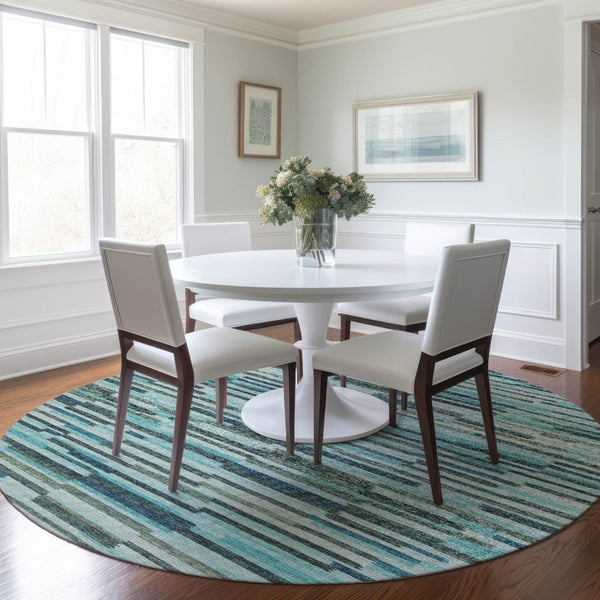 HomeRoots 8' Modern Abstract Round Rug in Turquoise and Gray - Durable, Washable, UV-Protected for Families 644931