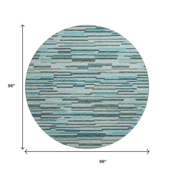 HomeRoots 8' Modern Abstract Round Rug in Turquoise and Gray - Durable, Washable, UV-Protected for Families 644931