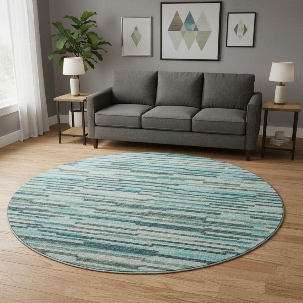 HomeRoots 8' Modern Abstract Round Rug in Turquoise and Gray - Durable, Washable, UV-Protected for Families 644931