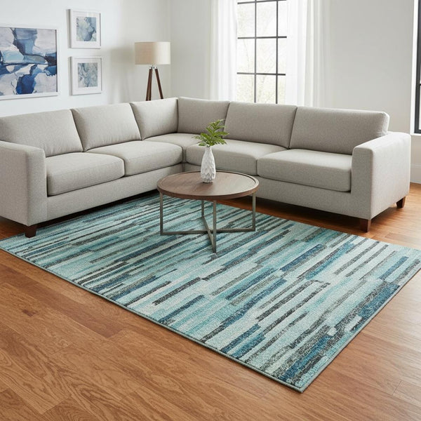 HomeRoots 8' X 10' Modern Turquoise Teal Blue & Gray Abstract Area Rug - Washable, UV Protected, Durable Design 644932