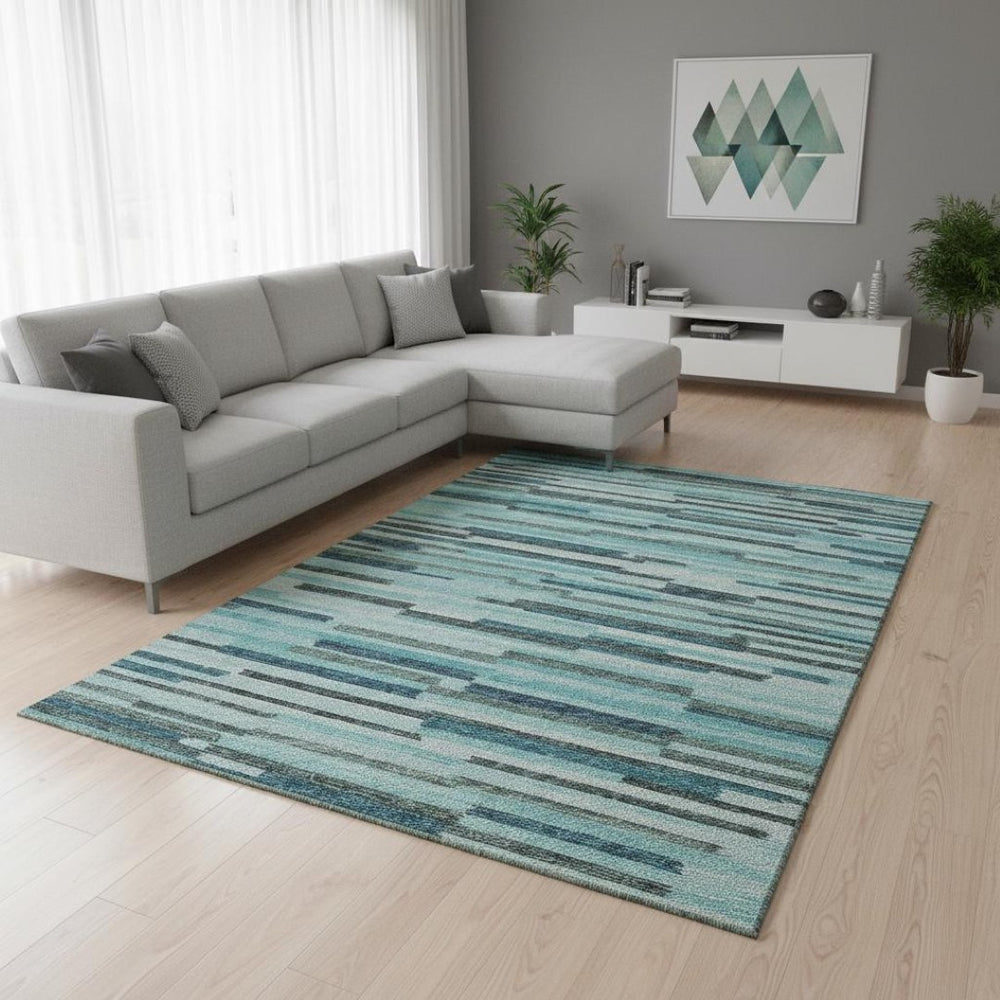HomeRoots 9' X 12' Turquoise Teal Blue & Gray Abstract Area Rug - Washable, UV-Protected, Durable & Stylish! 644933