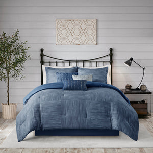 English Elm 7 Piece Printed Seersucker Comforter Set Navy Cal King – Textured Seersucker, Hypoallergenic Fill, Bedskirt Included B03597180