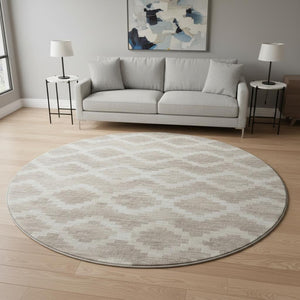 HomeRoots 8' Tribal Round Rug in Tan, Ivory & Beige – Washable, Stain-Resistant & UV-Protected for Every Space 644943