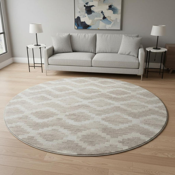 HomeRoots 8' Tribal Round Rug in Tan, Ivory & Beige – Washable, Stain-Resistant & UV-Protected for Every Space 644943