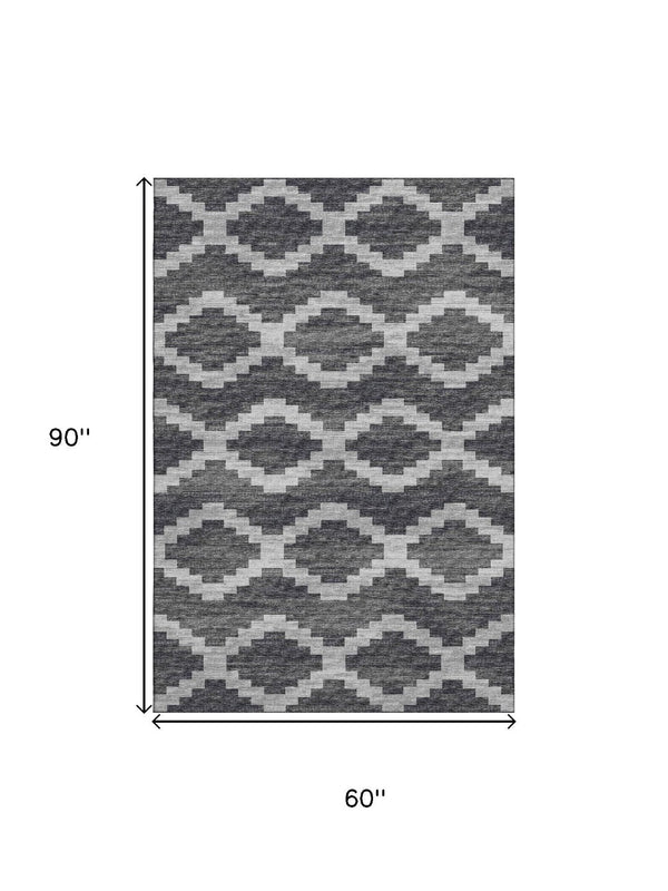 HomeRoots 5' Tribal Washable Area Rug in Gray, Ivory & Charcoal - UV Protected, Stain Resistant, Easy Care! 644954