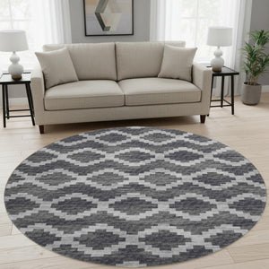 HomeRoots 8' Gray Ivory Charcoal Tribal Washable Round Rug – Durable, UV Protected, Modern Style for Any Space 644955