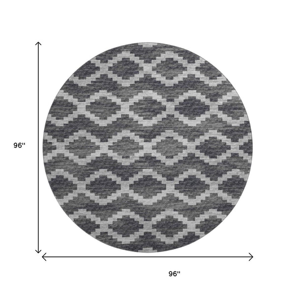 HomeRoots 8' Gray Ivory Charcoal Tribal Washable Round Rug – Durable, UV Protected, Modern Style for Any Space 644955