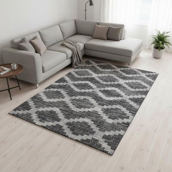 HomeRoots 8' X 10' Gray Ivory Charcoal Tribal Washable Area Rug - Durable, Stain-Resistant & UV Protected Design 644956