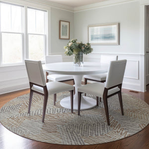 HomeRoots 8' Round Coffee, Ivory & Gray Botanical Leaves Rug – Washable, UV-Protected & Durable for Every Space 644991