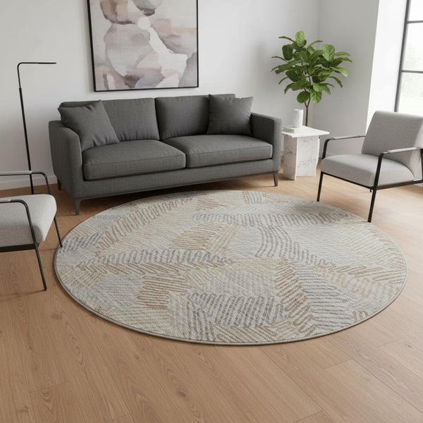HomeRoots 8' Round Coffee, Ivory & Gray Botanical Leaves Rug – Washable, UV-Protected & Durable for Every Space 644991