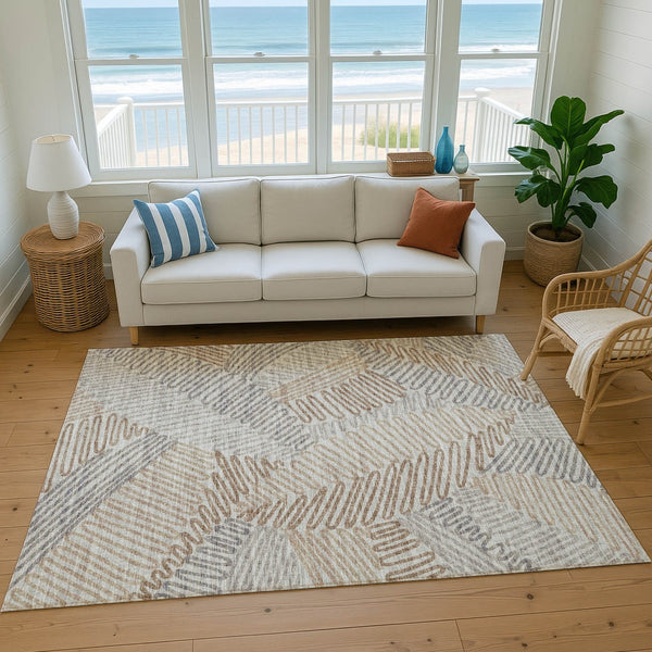 HomeRoots 8' X 10' Coffee Ivory Gray Botanical Leaves Area Rug - Washable, UV Protected, Stain-Resistant Design 644992