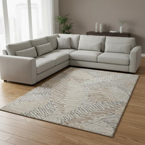 HomeRoots 10' X 14' Coffee Ivory Gray Botanical Leaves Area Rug - Washable, Stain Resistant, UV Protected Style 644994