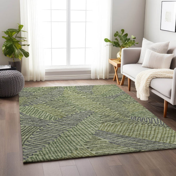 HomeRoots 5' X 8' Washable Green and Gray Botanical Area Rug with UV Protection for High-Traffic Spaces 644996