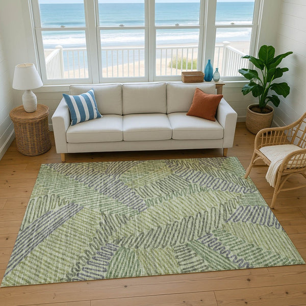 HomeRoots 9' X 12' Green and Gray Botanical Leaves Area Rug - Washable, UV-Protected, Pet-Friendly Design! 644999