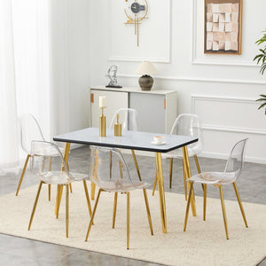 English Elm Table and Chair Set Marble Effect Glass Top Gold Legs Acrylic Seating for Six Black,Transparent,White+Gold W1151S04655