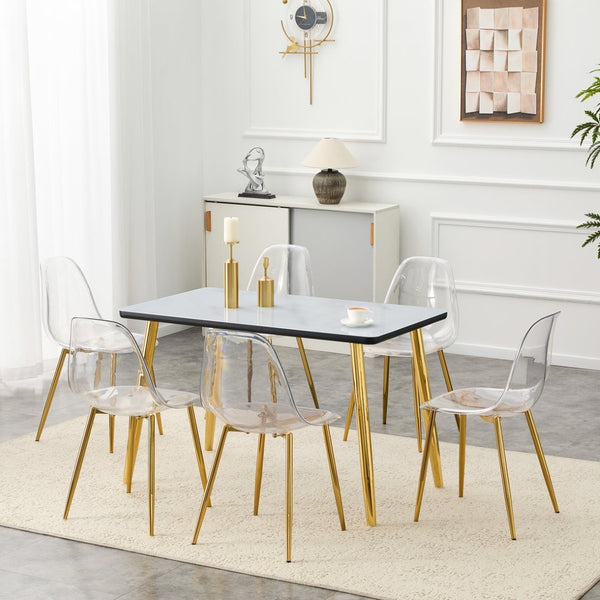 English Elm Table and Chair Set Marble Effect Glass Top Gold Legs Acrylic Seating for Six Black,Transparent,White+Gold W1151S04655