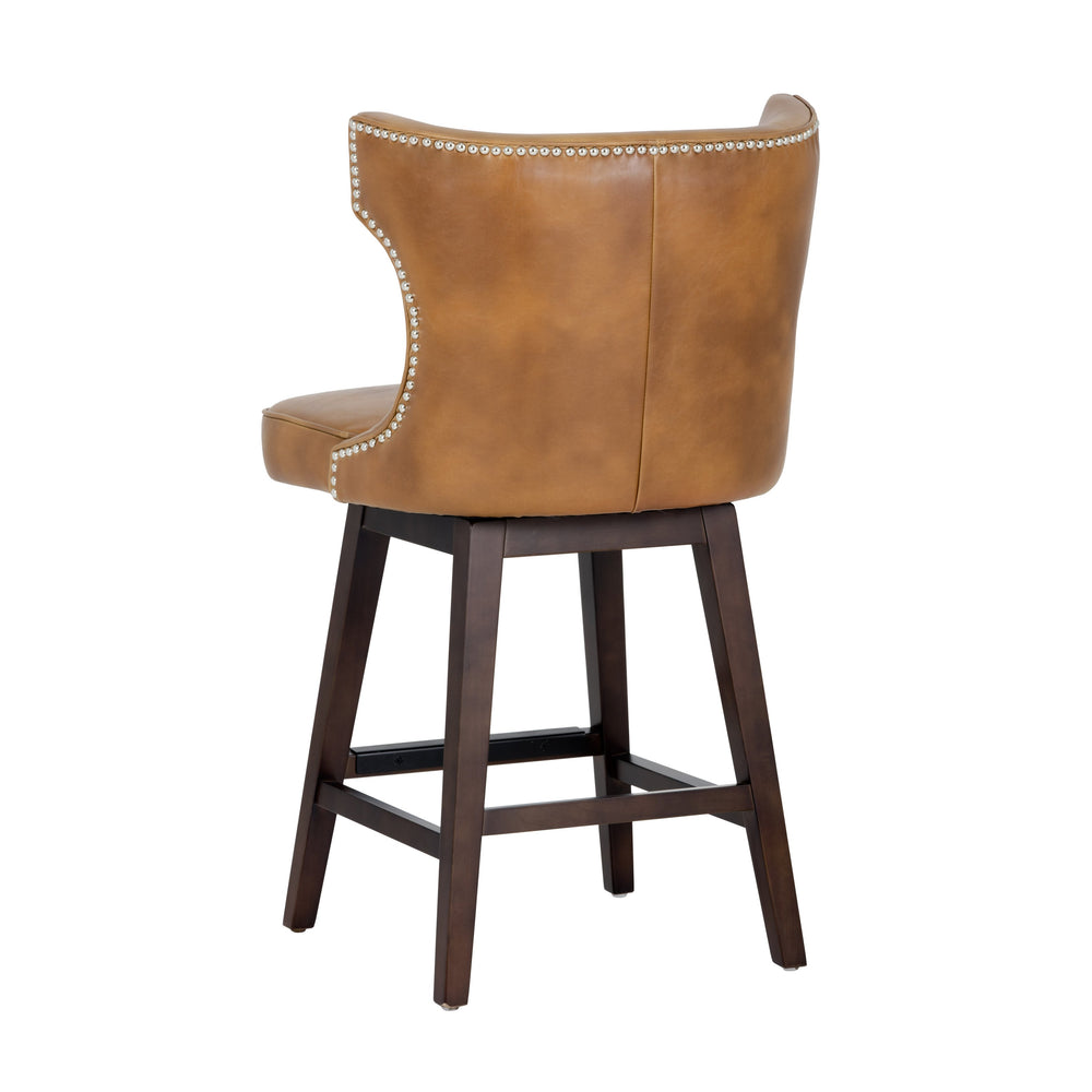Sunpan Neville Swivel Counter Stool - Vintage Tobacco Faux Leather with Silver Nailheads & Espresso Legs