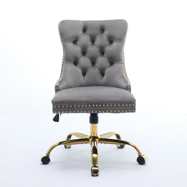 English Elm A&A Velvet Tufted Office Chair with Hand-Pulled Buttons, Nailhead Trim & Golden Metal Base, Luxe Comfort Gray W1143P292468
