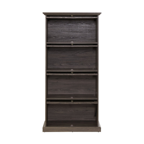 English Elm Glass 4-Tier Display Cabinet with Tempered Glass Doors, Flip-Up Access, Aluminum Frame, Elegant Chic Storage for Collectibles and Books Brown W2275P206601