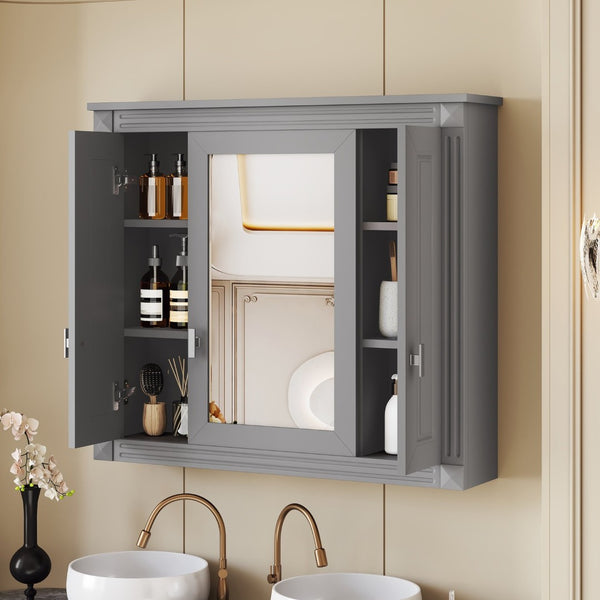 English Elm Bathroom Wall Cabinet Mirrored Mdf Three Door Over Toilet Gray Storage Unit N710P252503E