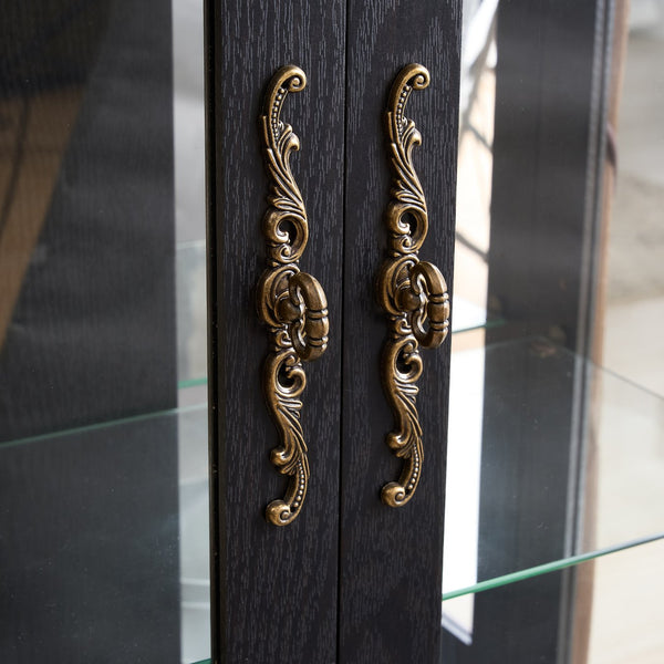 English Elm Curio Cabinet with Lighted Tempered Glass, Mirrored Back, Adjustable Shelves, Vintage Handle — Black W2275P389705