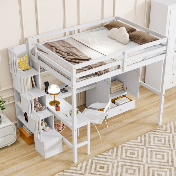English Elm Twin Over Full Bunk Bed Solid Pine Frame with Built-in Slide and Storage Staircase White W504S00264