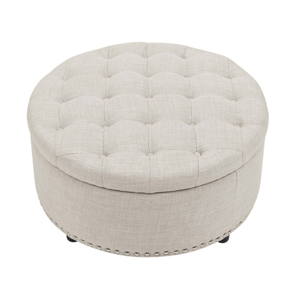 English Elm Tufted Linen Square Ottoman with Lift Top Storage Nailhead Trim Living Room Almond B2748P481670